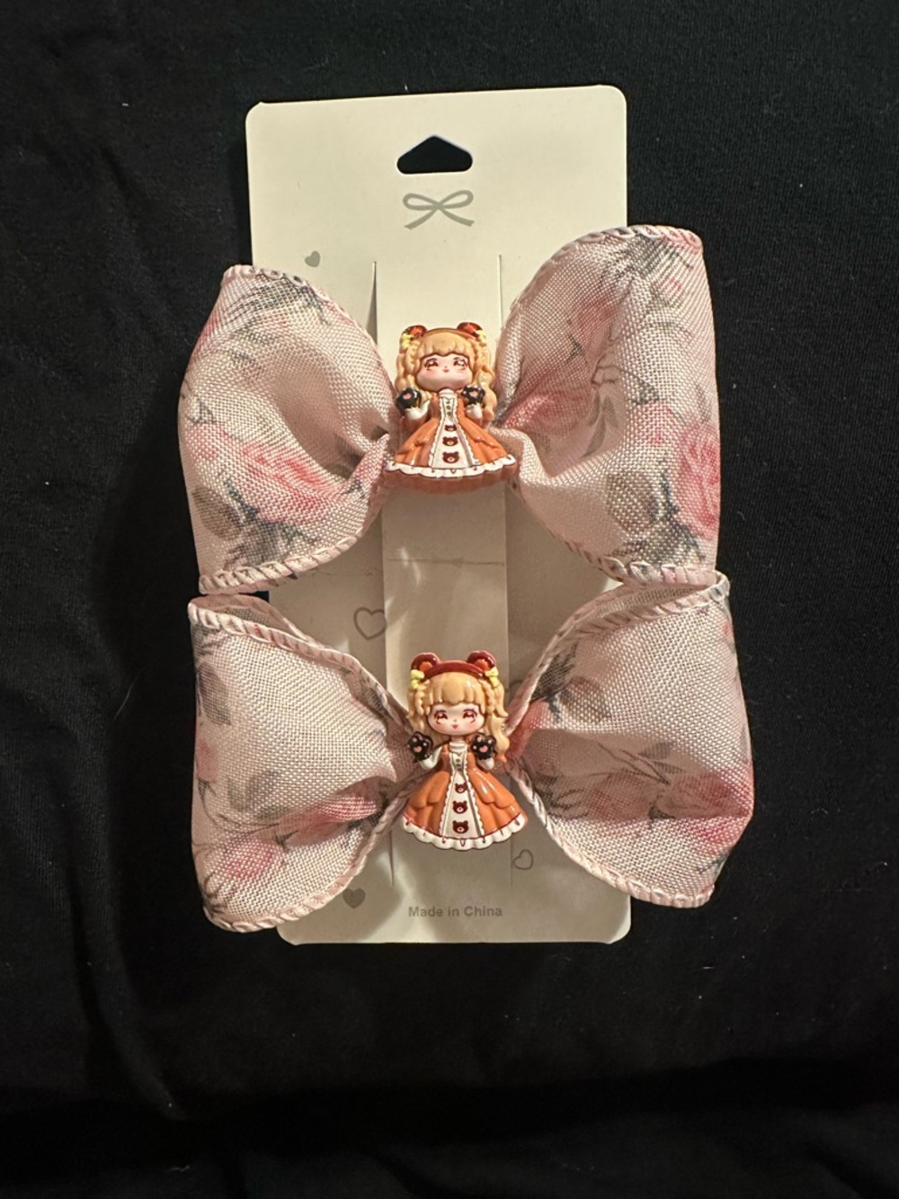 Pink Floral Bow Hair Clips with Doll Charm - Kids Accessories